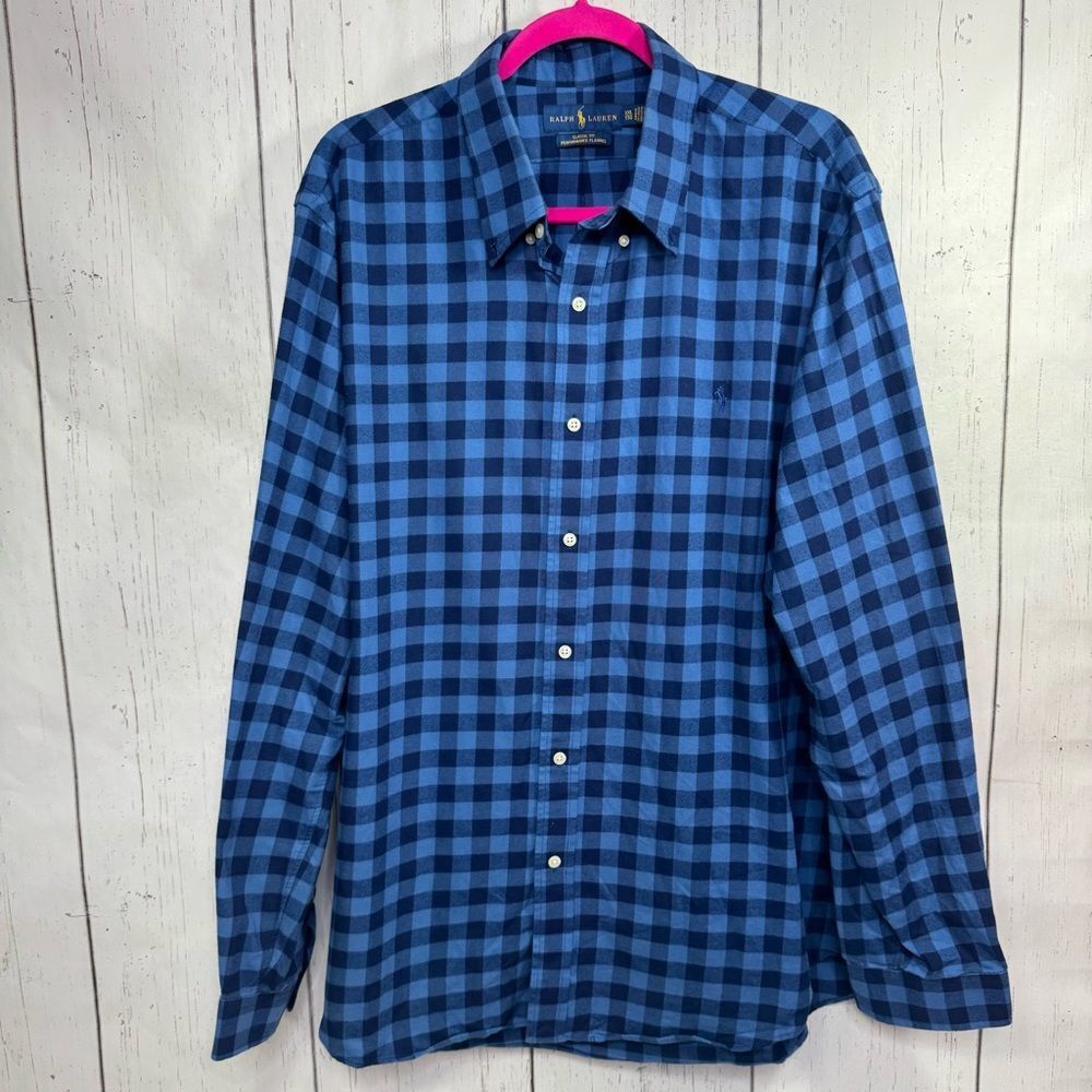 Ralph Lauren Mens Blue Flannel Gingham Check Classic Fit Performance Plaid Shirt